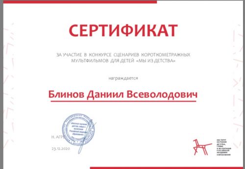 Сертификат Блинова Даниила студента 3 курса