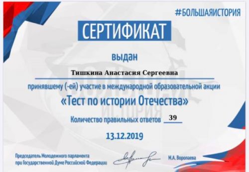 Сертификат Тишкиной Анастасии